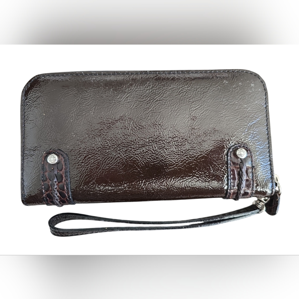 Brighton zip-around patent leather wallet wristlet metallic brown black EUC
